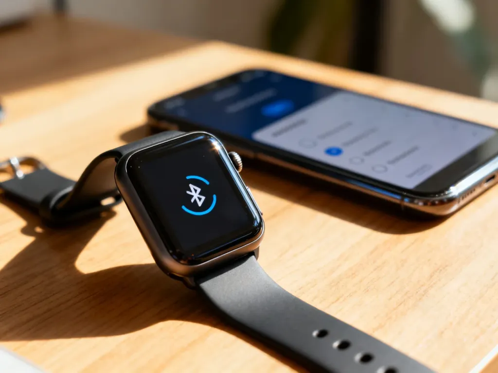 Smartwatch leżący na drewnianym biurku z widoczną ikoną połączenia, w tle rozmyty ekran telefonu z menu parowania Bluetooth.