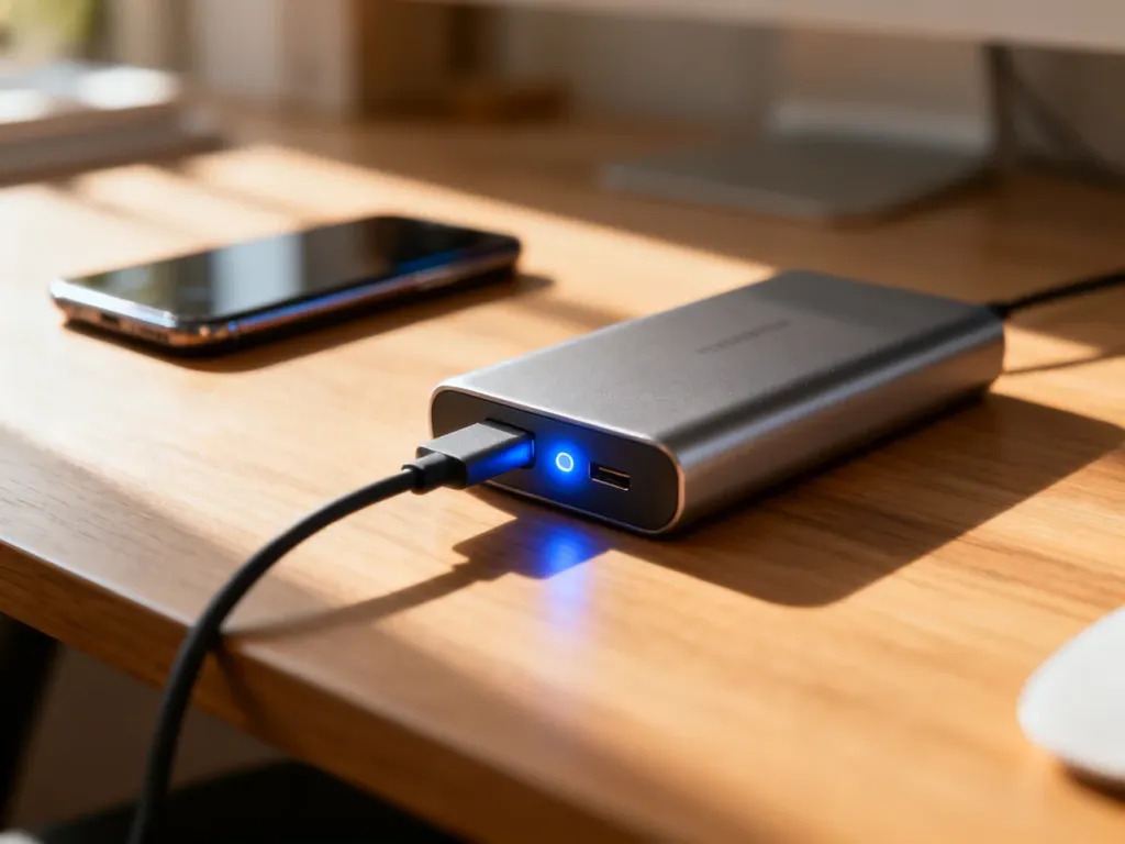 Nowoczesny powerbank podłączony kablem USB-C do ładowania na drewnianym biurku w świetle porannego słońca.