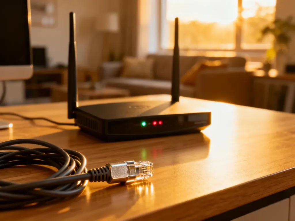 Nowoczesny router Wi-Fi na biurku z kablem Ethernet w tle, gotowy do konfiguracji domowej sieci.