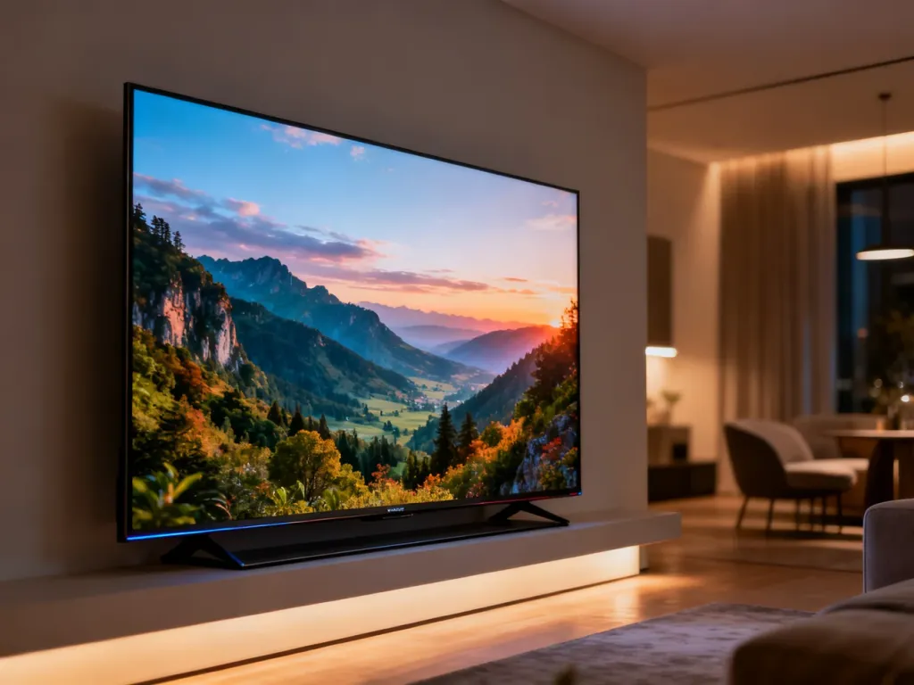 Nowoczesny telewizor Samsung 4K zamontowany na ścianie w przytulnym salonie, wyświetlający wysokiej jakości obraz przyrody.