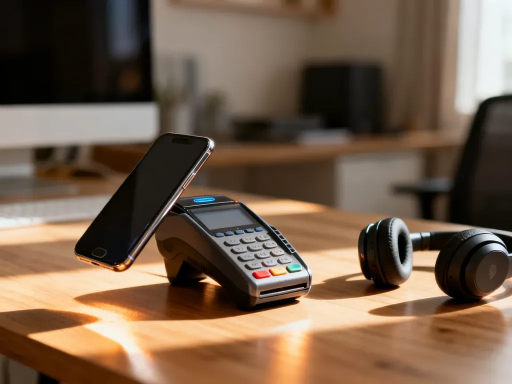 Smartfon zbliżony do terminala płatniczego oraz słuchawki bezprzewodowe na biurku, ilustrujące technologie NFC i Bluetooth.