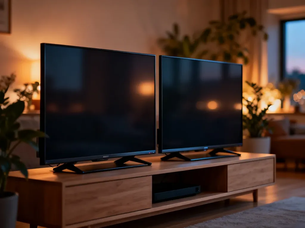 Dwa nowoczesne telewizory LG i Samsung ustawione obok siebie na minimalistycznej szafce RTV w przytulnym salonie.