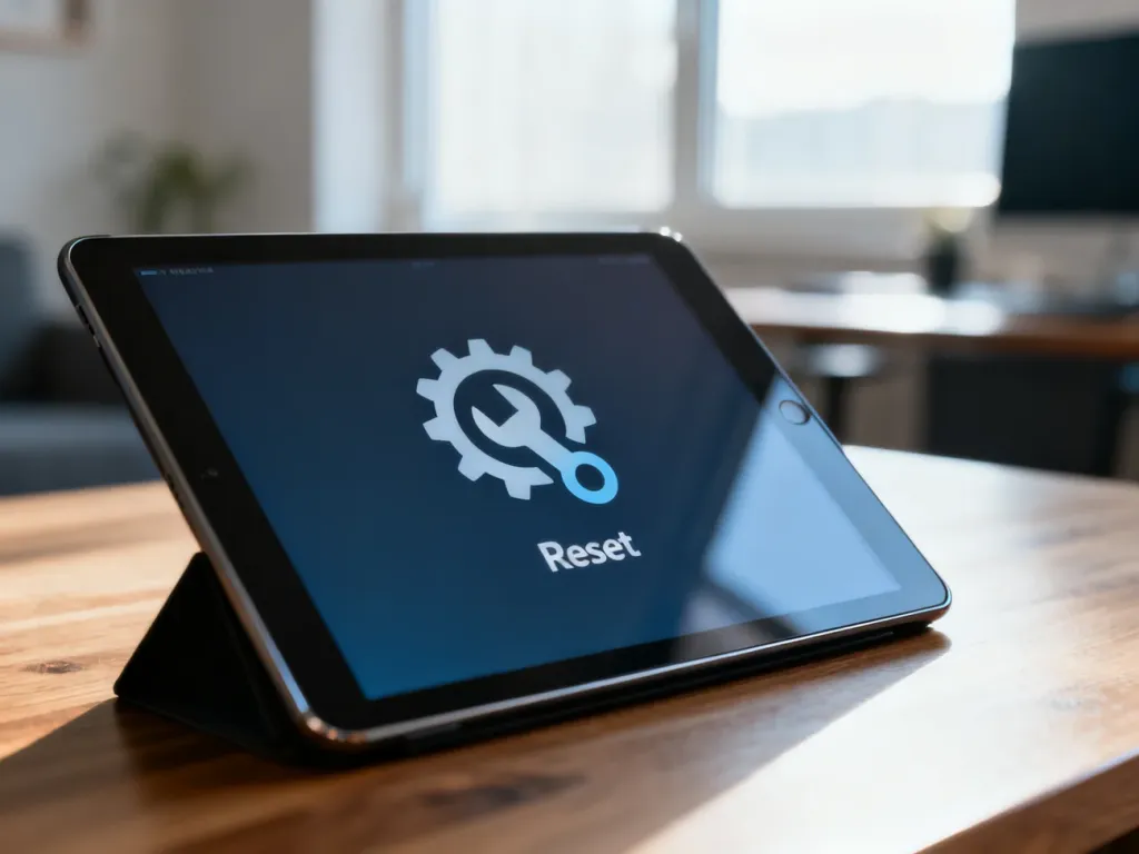 Tablet leżący na drewnianym biurku z wyświetloną ikoną resetowania systemu, symbolizującą proces przywracania ustawień.
