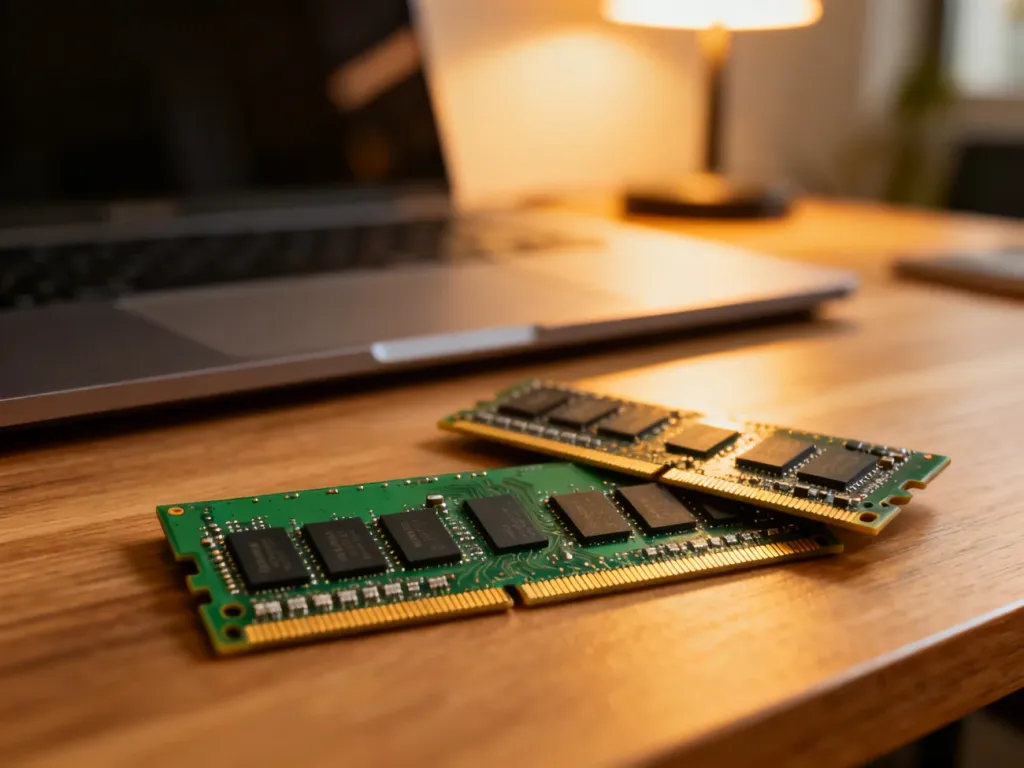 Dwie kości pamięci RAM DDR3 i DDR3L leżące na drewnianym biurku, gotowe do montażu w laptopie.