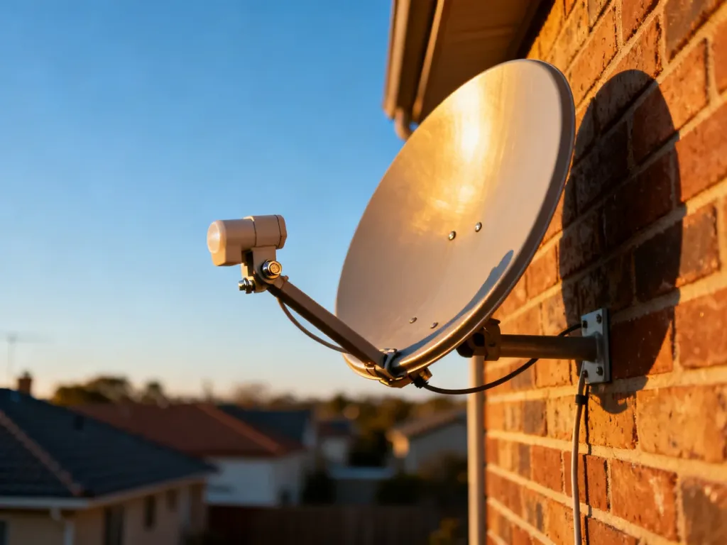 Antena satelitarna zamontowana na ceglanej ścianie, skierowana w stronę nieba, gotowa do precyzyjnego ustawienia sygnału.