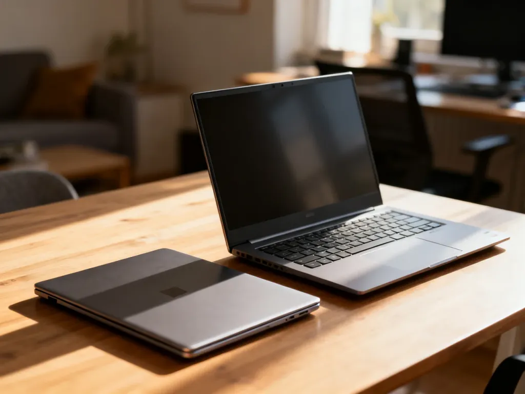 Smukły ultrabook i wydajny laptop ustawione obok siebie na drewnianym biurku, ilustrujące różnice między urządzeniami.