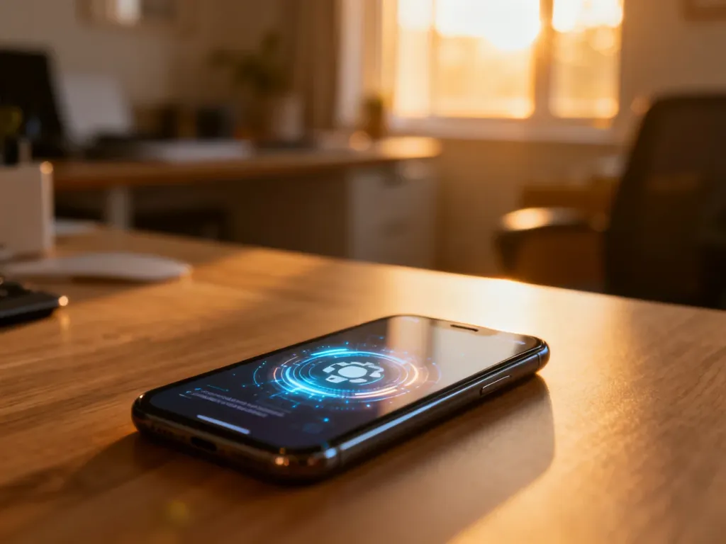 Nowoczesny smartfon na drewnianym biurku z wyświetlonym cyfrowym interfejsem aktualizacji oprogramowania.