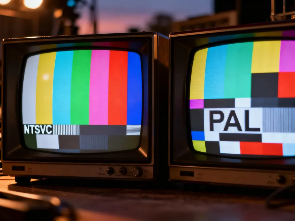 Dwa ekrany kineskopowe wyświetlające wzorce kolorów NTSC i PAL, obrazujące różnice między standardami telewizyjnymi.