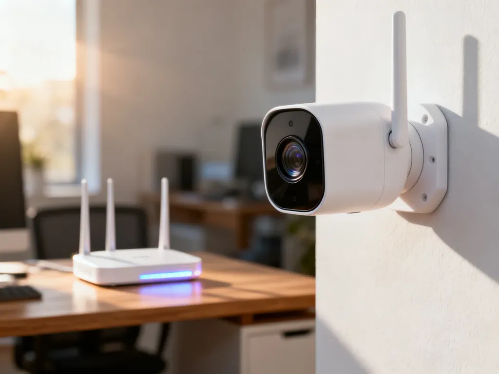 Nowoczesna kamera Wi-Fi zamontowana na ścianie, a w tle rozmyty router bezprzewodowy na biurku.