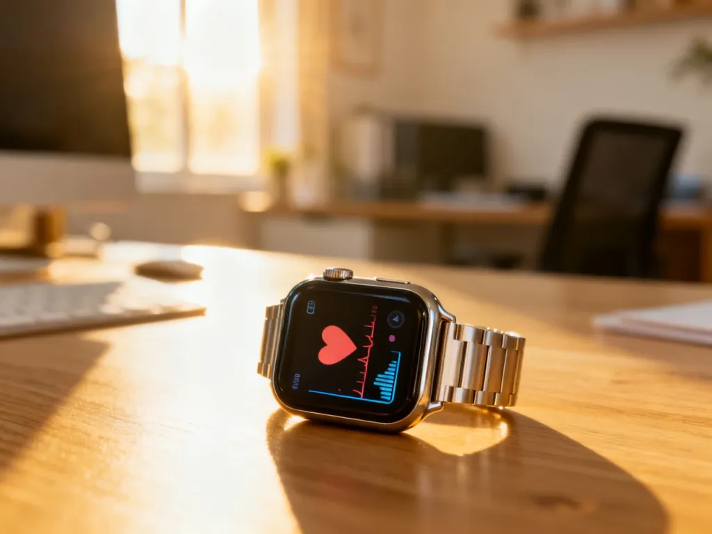 Nowoczesny smartwatch z funkcją pomiaru ciśnienia i tętna na drewnianym biurku w słonecznym domowym biurze.