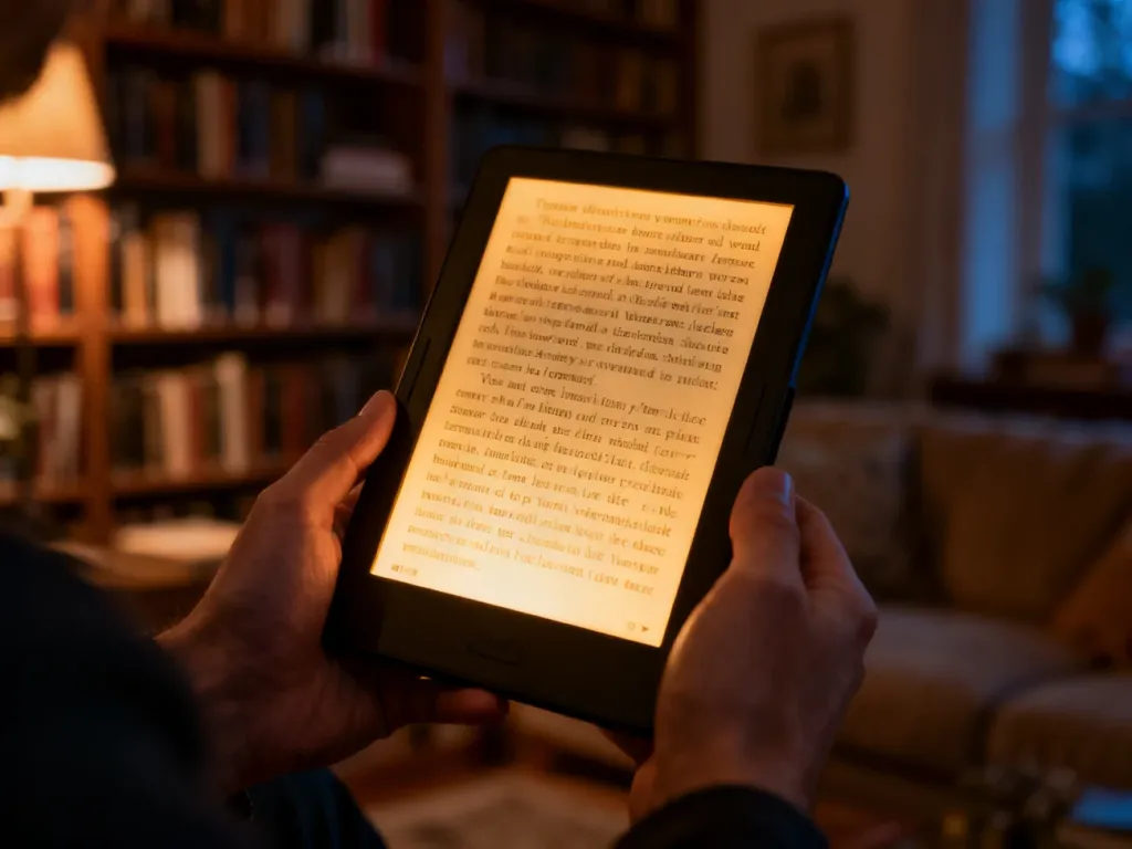 Nowoczesny czytnik e-booków z włączonym ciepłym podświetleniem, trzymany w dłoniach w przytulnym, wieczornym otoczeniu.