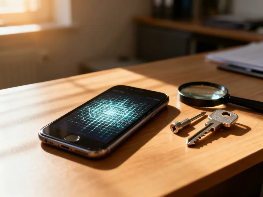 Nowoczesny smartfon z zablokowanym ekranem wzoru oraz narzędzia ślusarskie na drewnianym biurku.