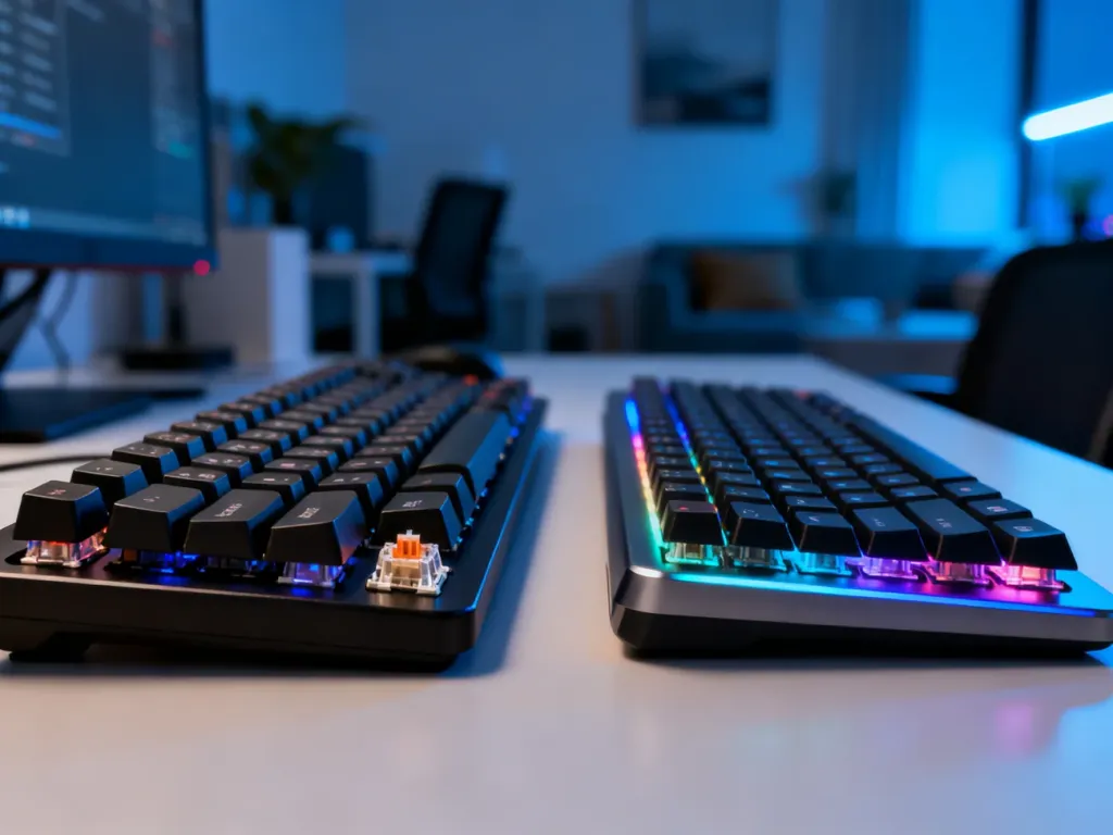 Porównanie klasycznej klawiatury mechanicznej z nowoczesnym modelem magnetycznym z podświetleniem RGB na biurku.