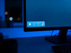 Nowoczesne studio transmisyjne z profesjonalną kamerą i podświetlanymi serwerami, gotowe do obsługi transmisji online.