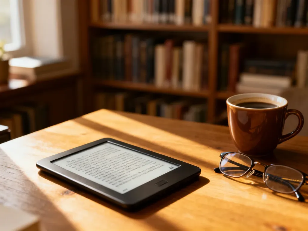 Nowoczesny czytnik ebooków na drewnianym biurku obok kawy i okularów, w otoczeniu domowej biblioteczki.