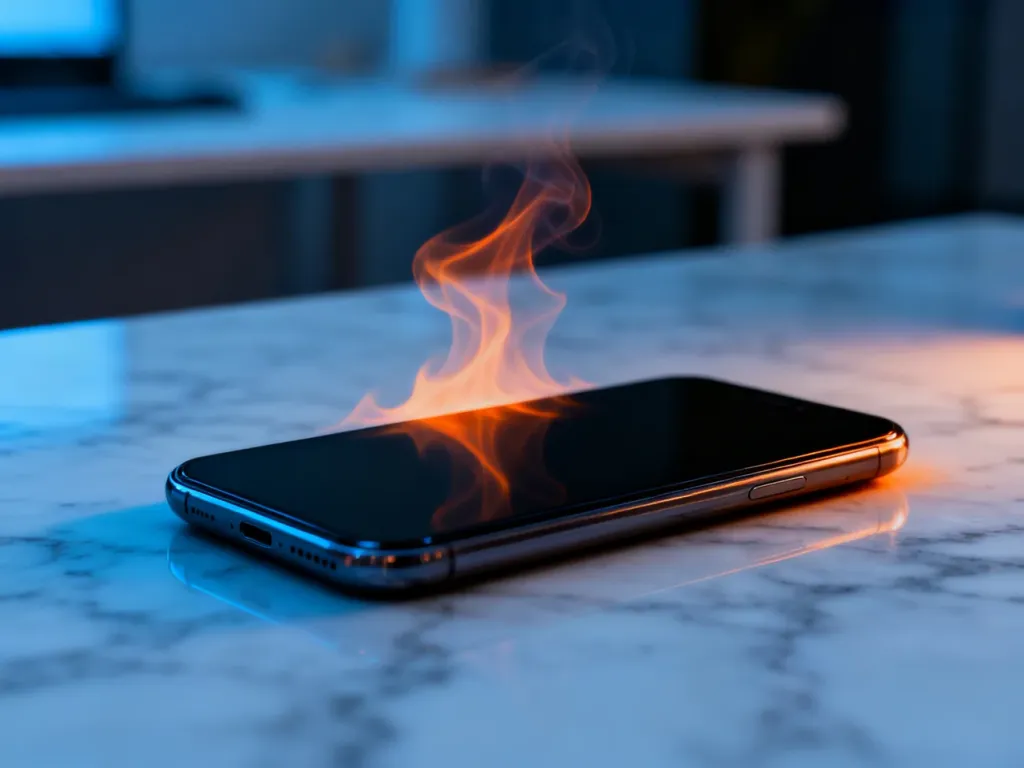 Nowoczesny smartfon leżący na chłodnym blacie, z widocznymi efektami przegrzewania się urządzenia.