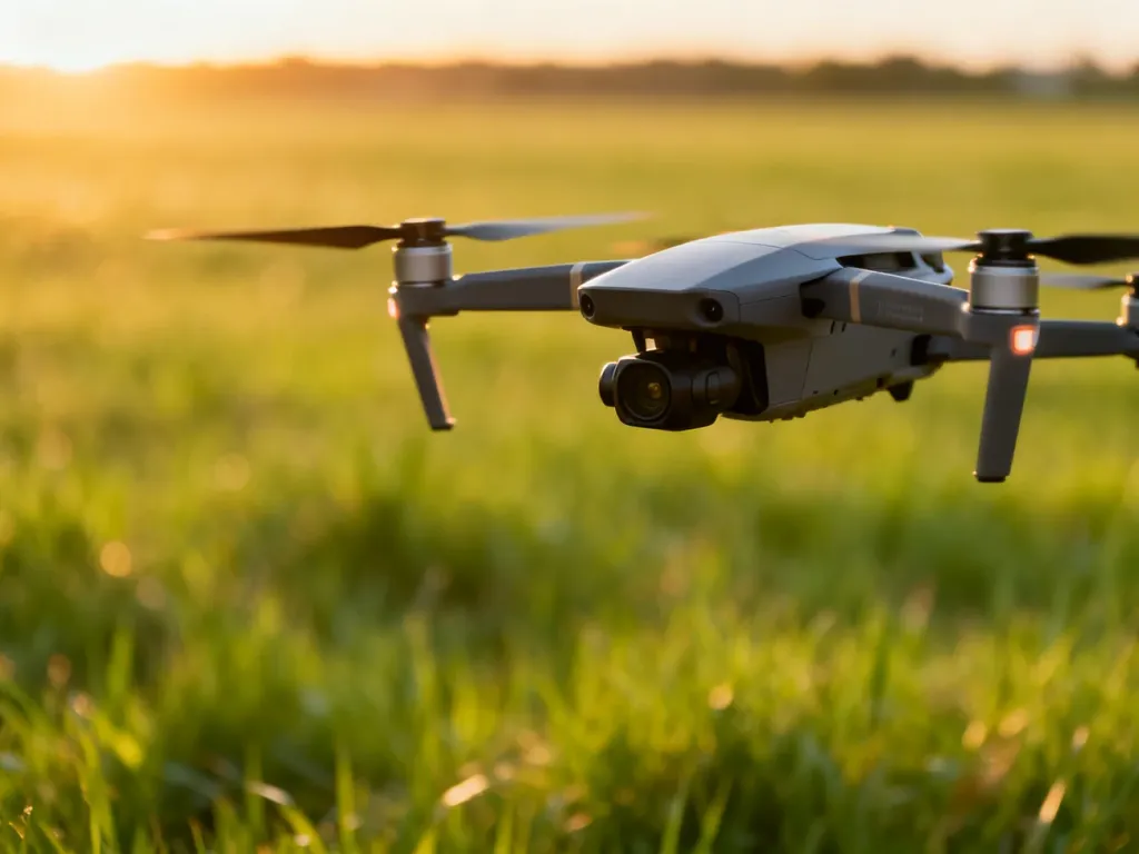 Profesjonalny dron unoszący się w powietrzu na tle słonecznej łąki, gotowy do rozpoczęcia lotu.