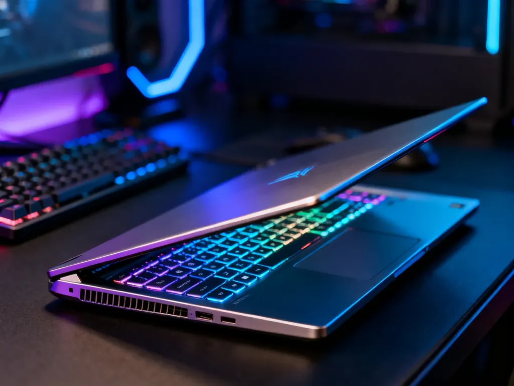 Wydajny laptop gamingowy z podświetlaną klawiaturą RGB na stanowisku gracza w klimatycznym, neonowym oświetleniu.