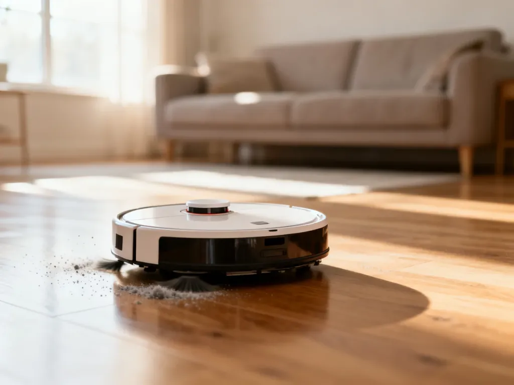 Nowoczesny robot sprzątający odkurza drewnianą podłogę w jasnym, minimalistycznym salonie w promieniach porannego słońca.