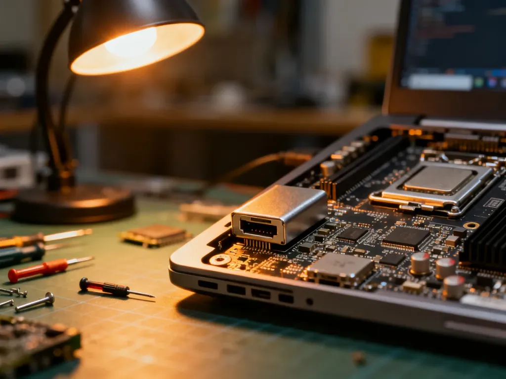 Zbliżenie na gniazdo ładowania i układ elektroniczny płyty głównej laptopa na stanowisku serwisowym.