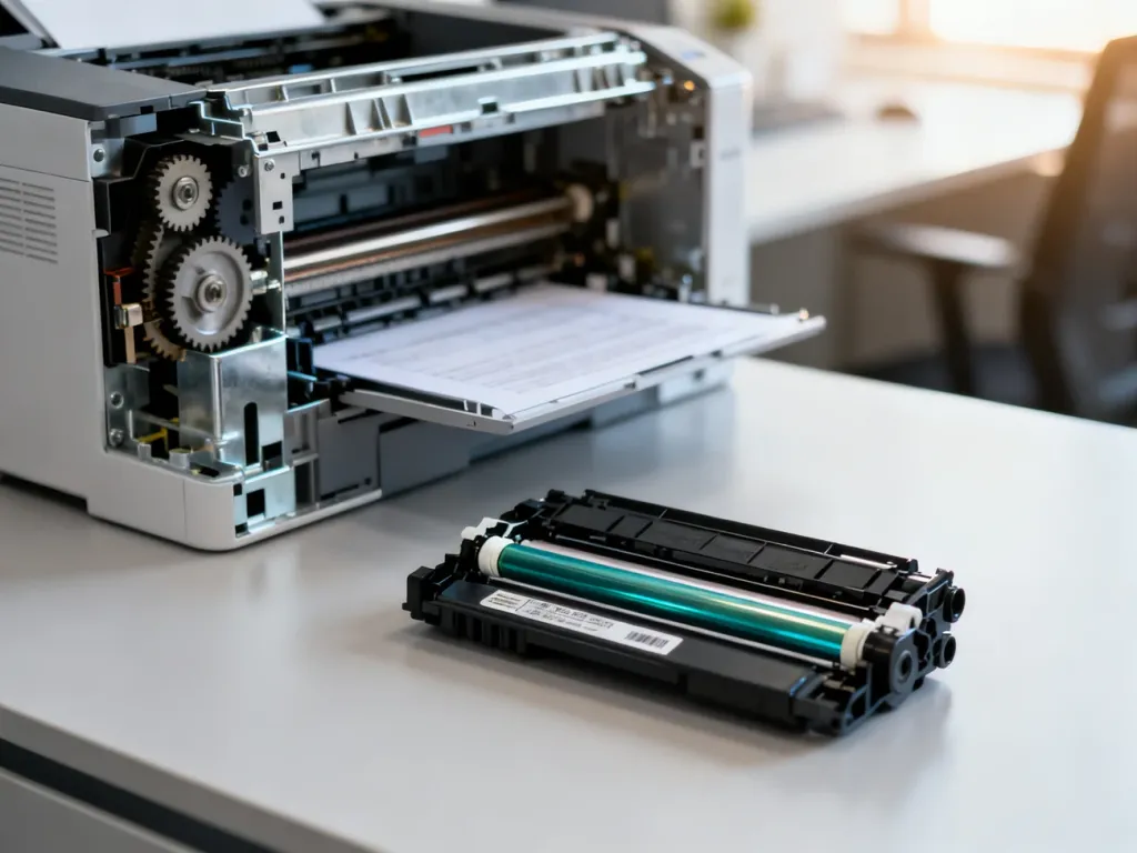 Nowy toner i bęben światłoczuły przygotowane do wymiany wewnątrz otwartej drukarki laserowej.