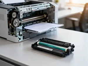 Dwa kable HDMI z niebieską i bursztynową poświatą na tle monitora z testem kolorów, symbolizujące formaty RGB i YUV.