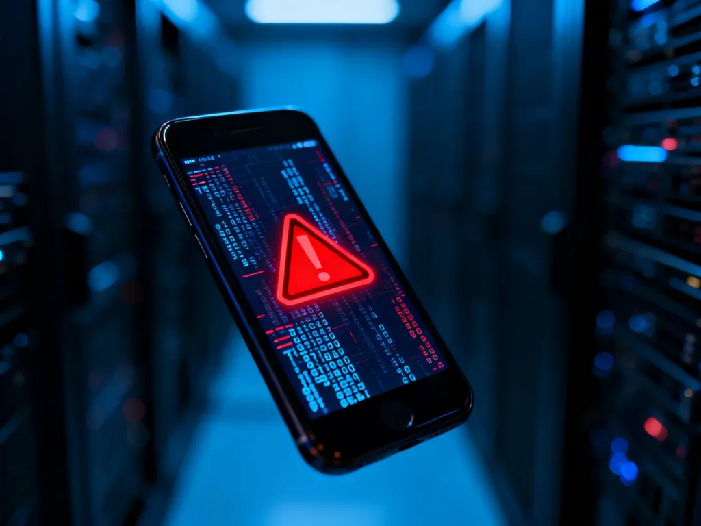 Ekran smartfona z czerwonym symbolem ostrzegawczym i cyfrowym błędem, symbolizujący zagrożenie cyberbezpieczeństwa.
