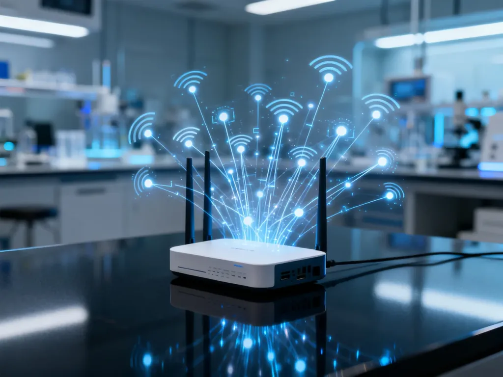 Nowoczesny transmiter bezprzewodowy z wieloma świecącymi punktami, symbolizujący jednoczesne połączenia Bluetooth.