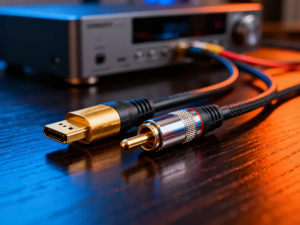 Pozłacane złącze HDMI oraz przewód koncentryczny RCA leżące obok siebie na drewnianym blacie.