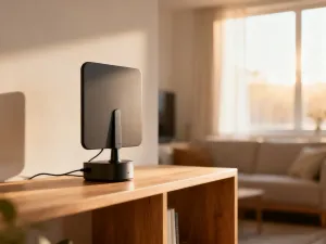 Smartfon z aplikacją do zarządzania inteligentnym domem oraz inteligentny głośnik na drewnianym biurku.