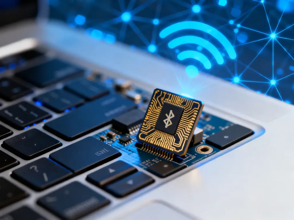 Zbliżenie na układ Bluetooth na płycie głównej laptopa z cyfrową wizualizacją połączenia bezprzewodowego w tle.
