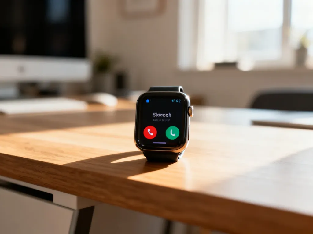 Nowoczesny smartwatch z aktywnym interfejsem połączenia telefonicznego na drewnianym biurku w domowym biurze.