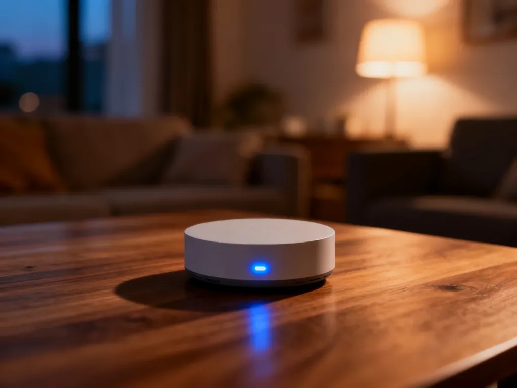 Nowoczesny hub smart home na drewnianym stole, sygnalizujący działanie delikatnym niebieskim światłem w przytulnym salonie.