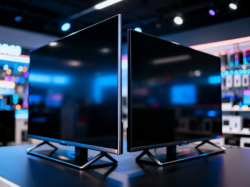 Dwa nowoczesne telewizory LED ustawione obok siebie, prezentujące smukłe ramki i design w minimalistycznym wnętrzu sklepu.