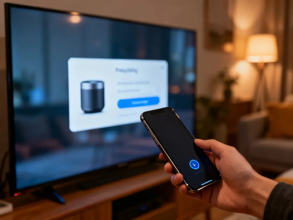 Dłoń trzymająca smartfon skierowany w stronę ekranu telewizora, obrazująca proces parowania urządzeń z Mi TV Stick.