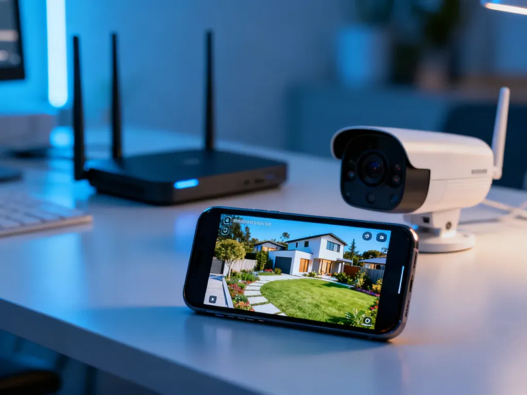 Smartfon wyświetlający podgląd z kamery monitoringu w nowoczesnym domu.