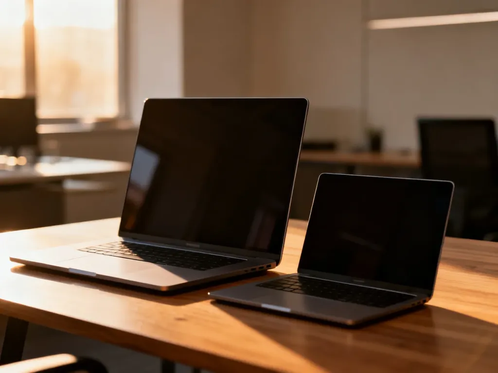 Dwa nowoczesne laptopy o różnych rozmiarach ekranu ustawione obok siebie na drewnianym biurku w słonecznym biurze.