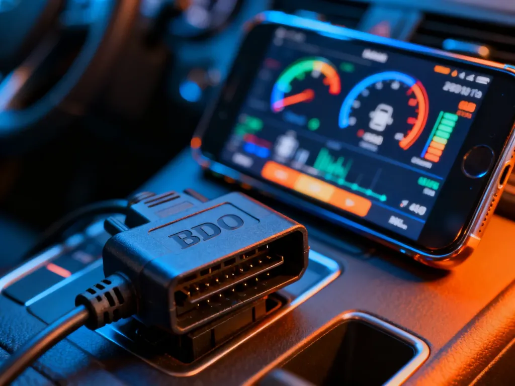 Skaner diagnostyczny OBD2 podłączony do portu w samochodzie oraz smartfon z aplikacją wyświetlającą parametry silnika.
