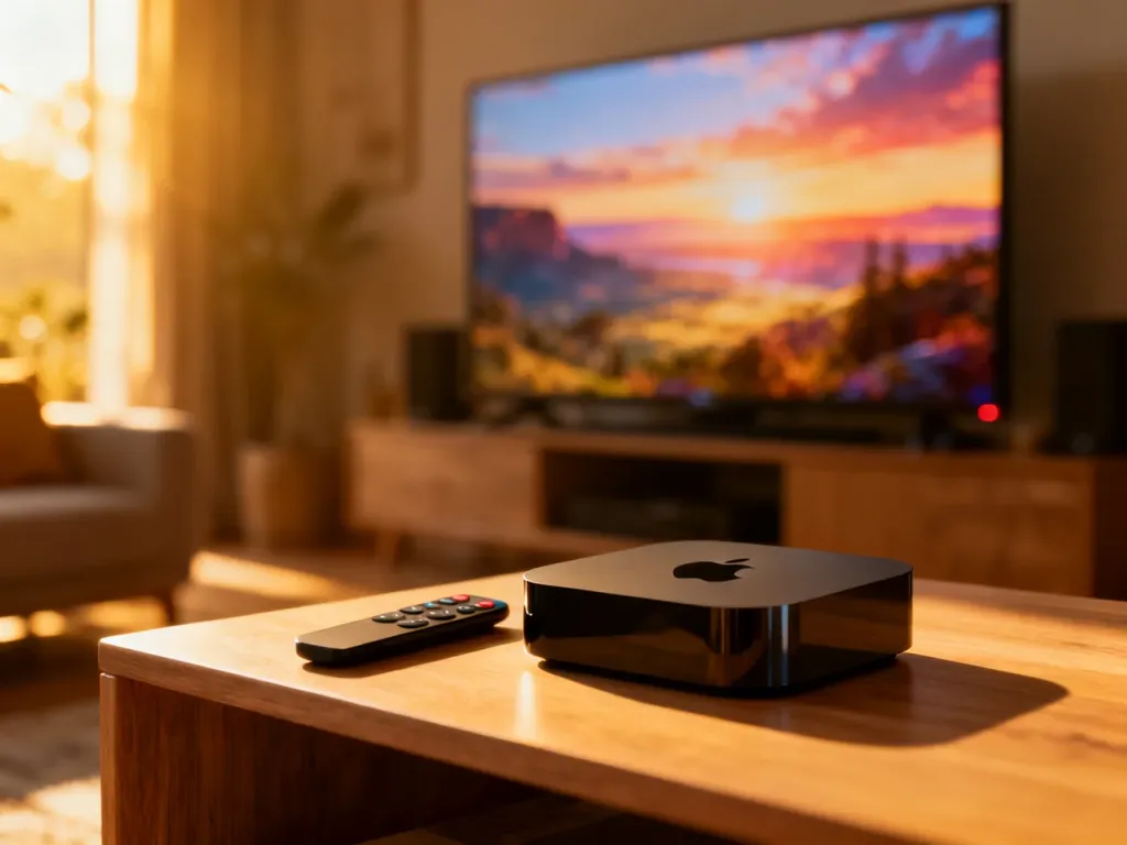Apple TV oraz pilot na drewnianej szafce RTV w przytulnym salonie z widokiem na włączony telewizor.