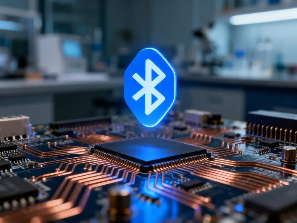 Świecąca ikona Bluetooth nad płytką drukowaną, symbolizująca nowoczesną technologię bezprzewodową.