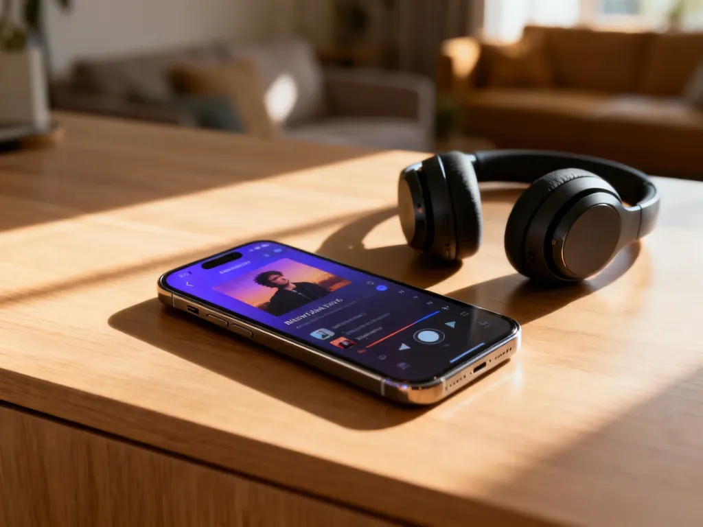 Nowoczesny smartfon z włączoną aplikacją muzyczną oraz bezprzewodowe słuchawki leżące na drewnianym biurku.