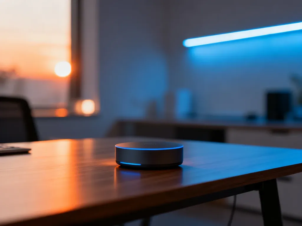 Nowoczesny hub smart home na drewnianym biurku w otoczeniu nastrojowego oświetlenia LED, gotowy do konfiguracji automatyzacji.