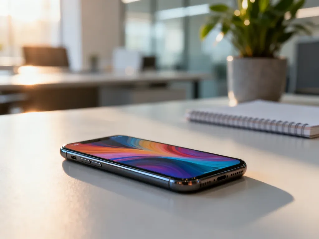 Nowoczesny smartfon Honor leżący na minimalistycznym biurku w słonecznym biurze.