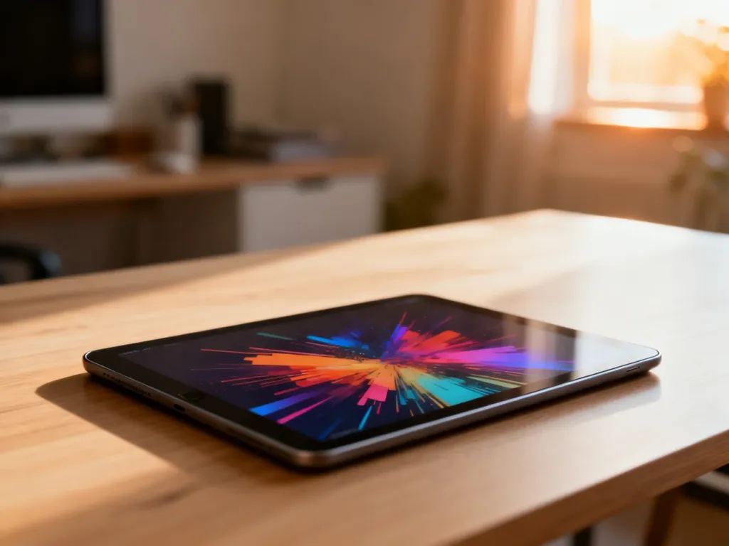 Nowoczesny tablet Doogee z kolorową grafiką na ekranie, leżący na minimalistycznym drewnianym biurku w domowym biurze.