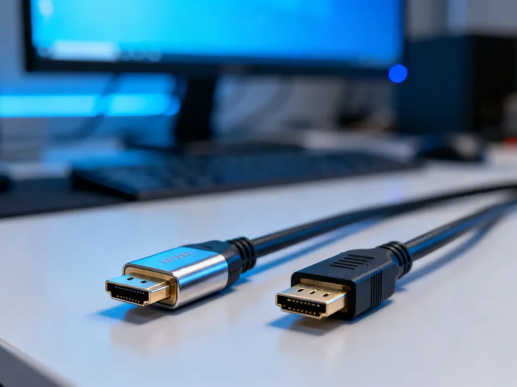 Kable HDMI i DisplayPort leżące obok siebie na biurku, z rozmytym monitorem w tle.