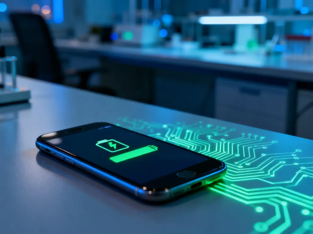 Minimalistyczny smartfon z ikoną ładowania baterii na tle zaawansowanego laboratorium, symbolizujący optymalizację energii.