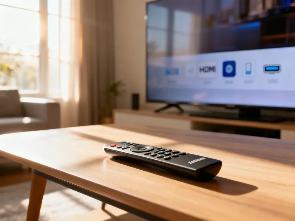 Nowoczesny pilot do telewizora Samsung leżący na drewnianym stoliku w jasnym salonie z widocznym menu wyboru źródła.