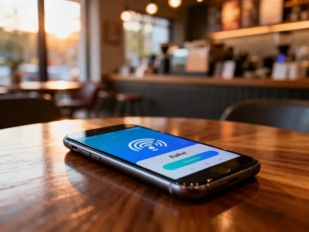 Smartfon z otwartą aplikacją płatniczą leżący na drewnianym stoliku w kawiarni, gotowy do płatności zbliżeniowej.