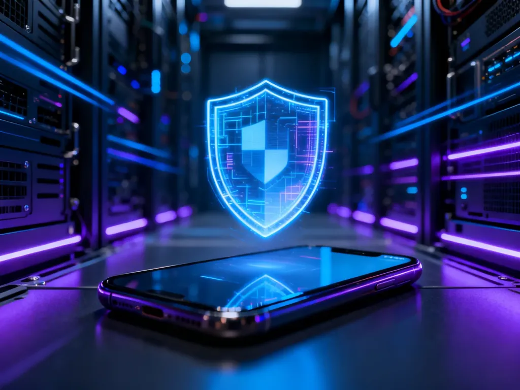 Cyfrowa tarcza nad smartfonem symbolizująca ochronę urządzenia przed atakami hakerskimi w nowoczesnym środowisku IT.