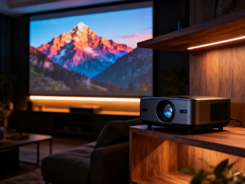 Nowoczesny projektor 4K na drewnianej półce w przytulnym salonie z wyświetlanym kinowym krajobrazem górskim.